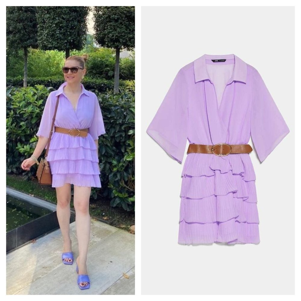 🍀 ZARA PLEATED RUFFLED LILAC DRESS WITH BELT